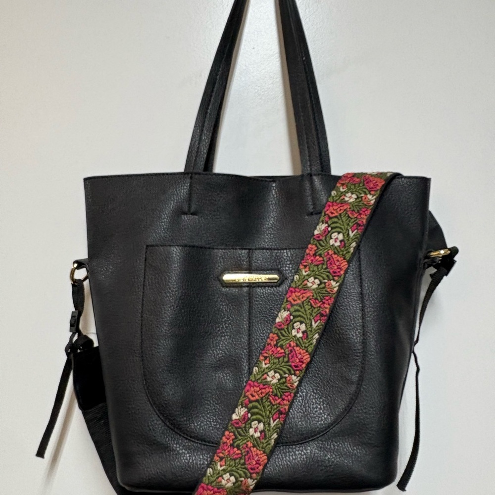 Stylish Black Tote with Floral Strap